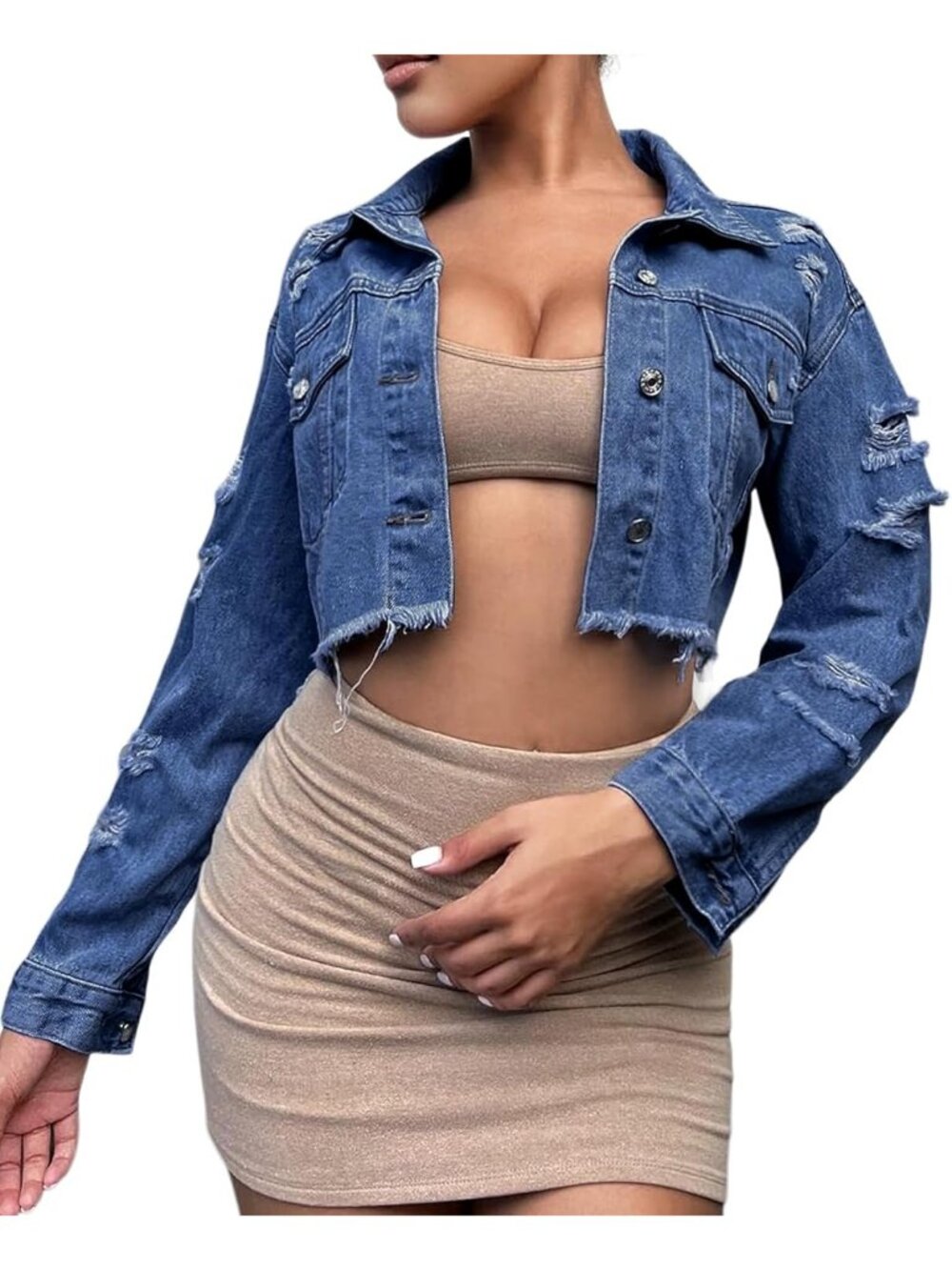 Women's Dark Blue Washed Distressed Denim Long Sleeve Ripped Cropped Jean Jacket